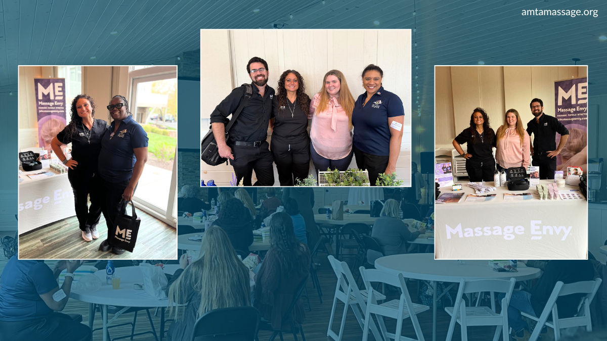 Three images of individuals at the Virginia AMTA Chapter Conference are placed in a collage over an image of the conference space. 