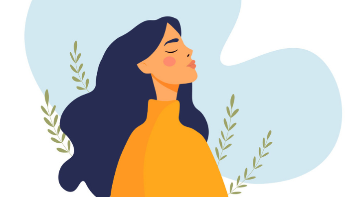 a graphic of a woman smiling serenely.