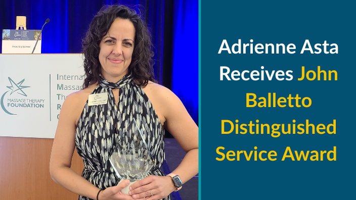 An image of Adrienne Asta, a woman with long curly hair, holding a glass trophy. The text, "Adrienne Asta Receives John Balletto Distinguished Service Award" is placed to the right of the picture.