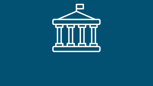 An image with the icon of a government building on it. The icon is white and set on a navy background