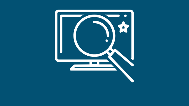 An image of a computer icon with a magnifying glass zooming in on information. The icon is white and set on a navy background.