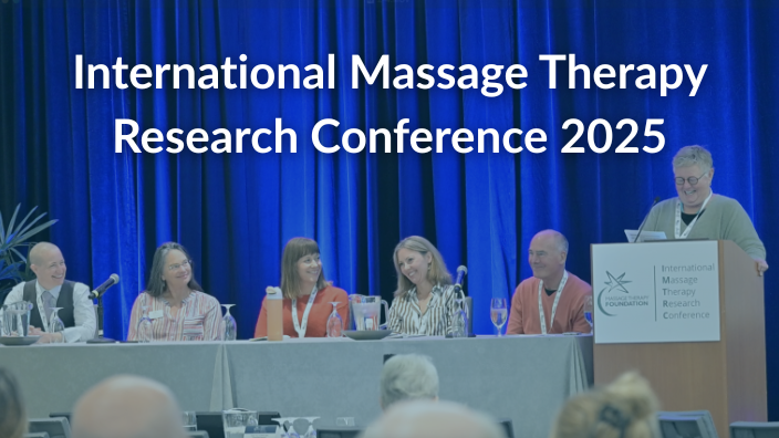 An image of six AMTA research panelists sitting on a stage, smiling as they share their research.