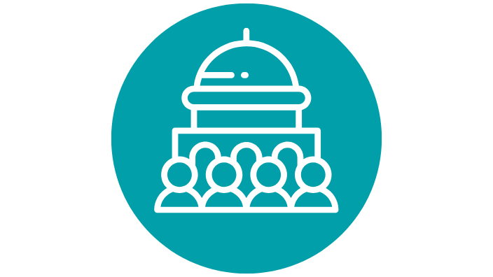 a graphic of a group of people in front of a government building.