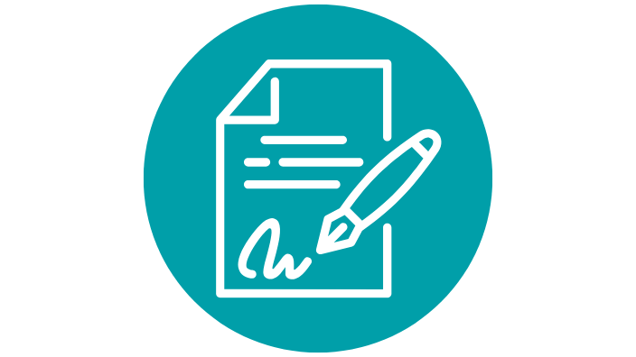 a graphic of a pen signing off on a piece of paper.