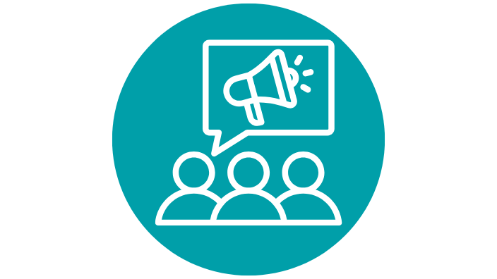 a graphic of a group of people talking, a speech bubble has an icon of a megaphone in it.