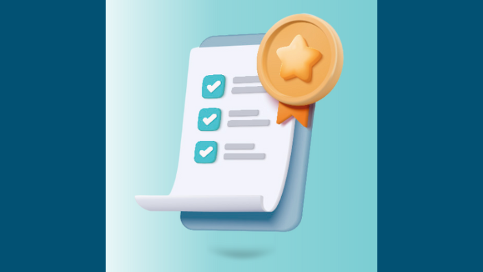 A graphic of a piece of paper with check marks on it and a certificate in the corner is set on a navy background.