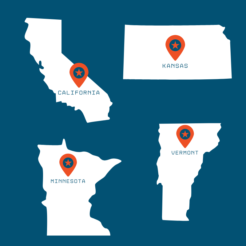 a graphic with state outlines of California, Kansas, Minnesota, and Vermont.