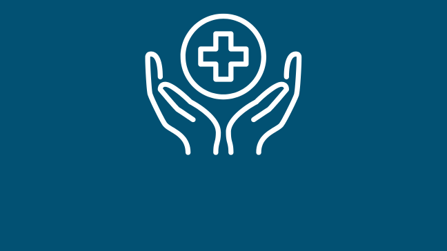 A graphic of two hands holding up a health symbol, a cross. The graphic is white against a navy background.
