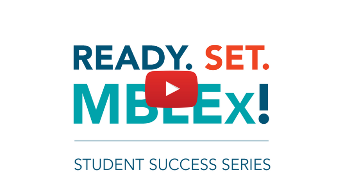A graphic that says "Ready. Set. MBLEx! Student Success Series" in navy, teal, and orange lettering. The play video icon is set in the middle of the text.