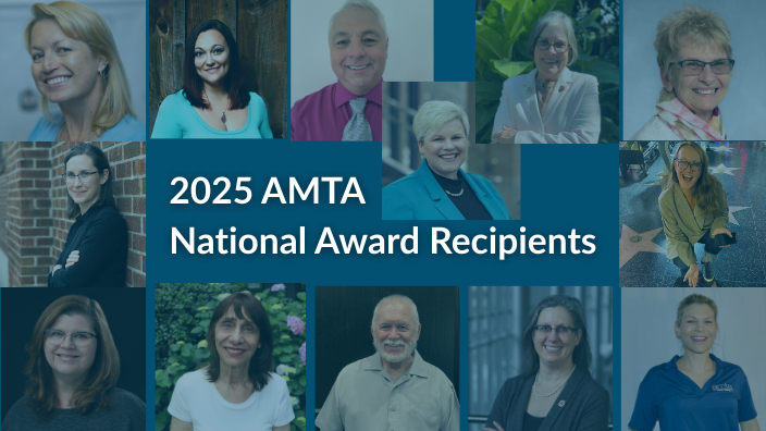 13 headshots of award-winners surround the words "2025 AMTA National Award Recipients."