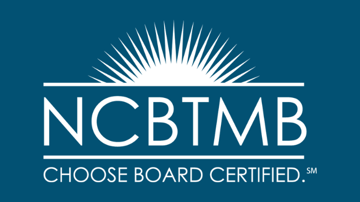An image of the white NCBTMB logo, the words "choose board certified" are underneath "NCBTMB." The text is on a navy background.