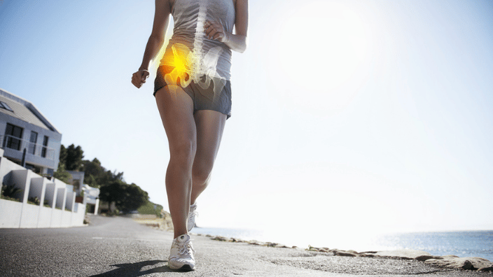 woman walking with painful hip highlighted