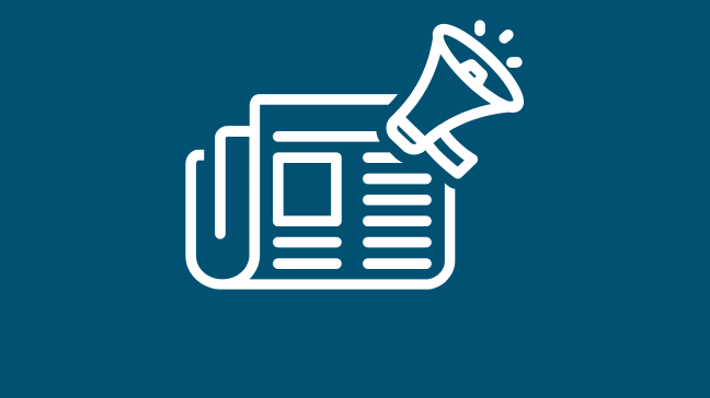 An image of a newspaper icon with a megaphone off to the side, spreading the news. The icon is white and set on a navy background