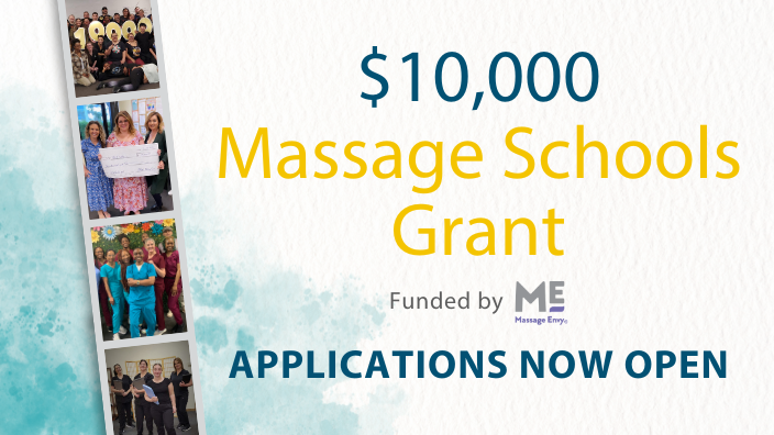 A graphic that says "$10,000 Massage Schools Grant, Applications Now Open."