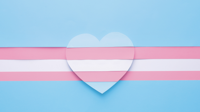 An image of the transgender flag (blue, pink, and white stripes) with a heart overlaying it.