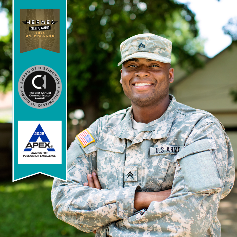 An image of a black, male veteran smiling. On the left is a ribbon with the logos of the awards AMTA has won.