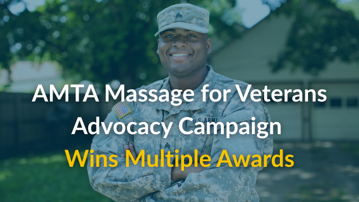 An image of a black man in a military uniform, smiling. The words "AMTA Massage for Veterans Advocacy Campaign Wins Multiple Awards" in white and yellow font below it.