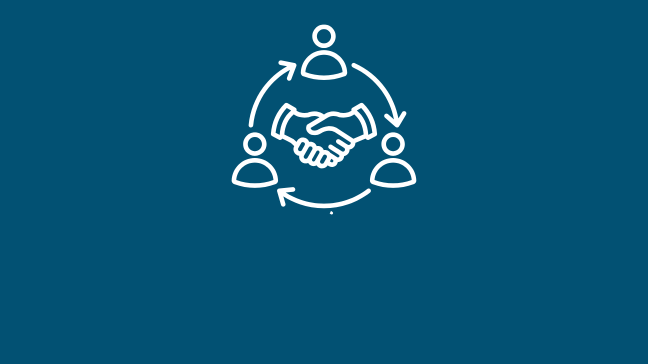 a graphic of three people in a circle, connected by arrows, hands are shaking in the middle.