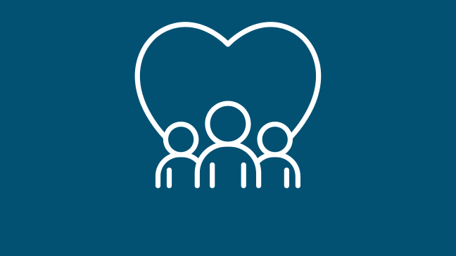 An icon of three people standing together with a heart formed behind them. The icon is white on a navy background.